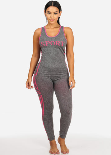 Sport Printed Activewear Women,s Gray/Pink  High Rise Waist Band Set 2PCS AS 21