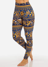 Load image into Gallery viewer, Gold with Blue Pattern Design Multi Color Women&#39;s Leggings Skinny Leg Pants F-427