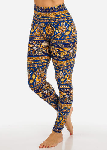 Gold with Blue Pattern Design Multi Color Women's Leggings Skinny Leg Pants F-427