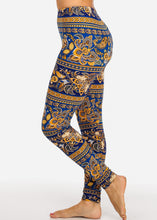 Load image into Gallery viewer, Gold with Blue Pattern Design Multi Color Women&#39;s Leggings Skinny Leg Pants F-427
