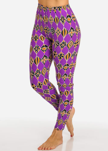 Purple with Gold Pattern Multi Color Women's Leggings Skinny Leg Pants F681