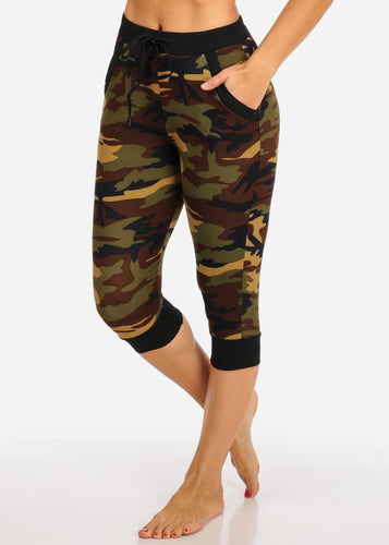 Camouflage Capri Jogger Women's Waist Band Pants Pull On Style L-496