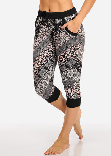 Black and Pink Floral Cropped Joggers L-497
