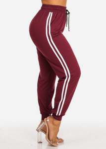 Burgundy With White Active Skinny Women's Joggers High Rise JK-Stripe