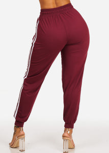 Burgundy With White Active Skinny Women's Joggers High Rise JK-Stripe