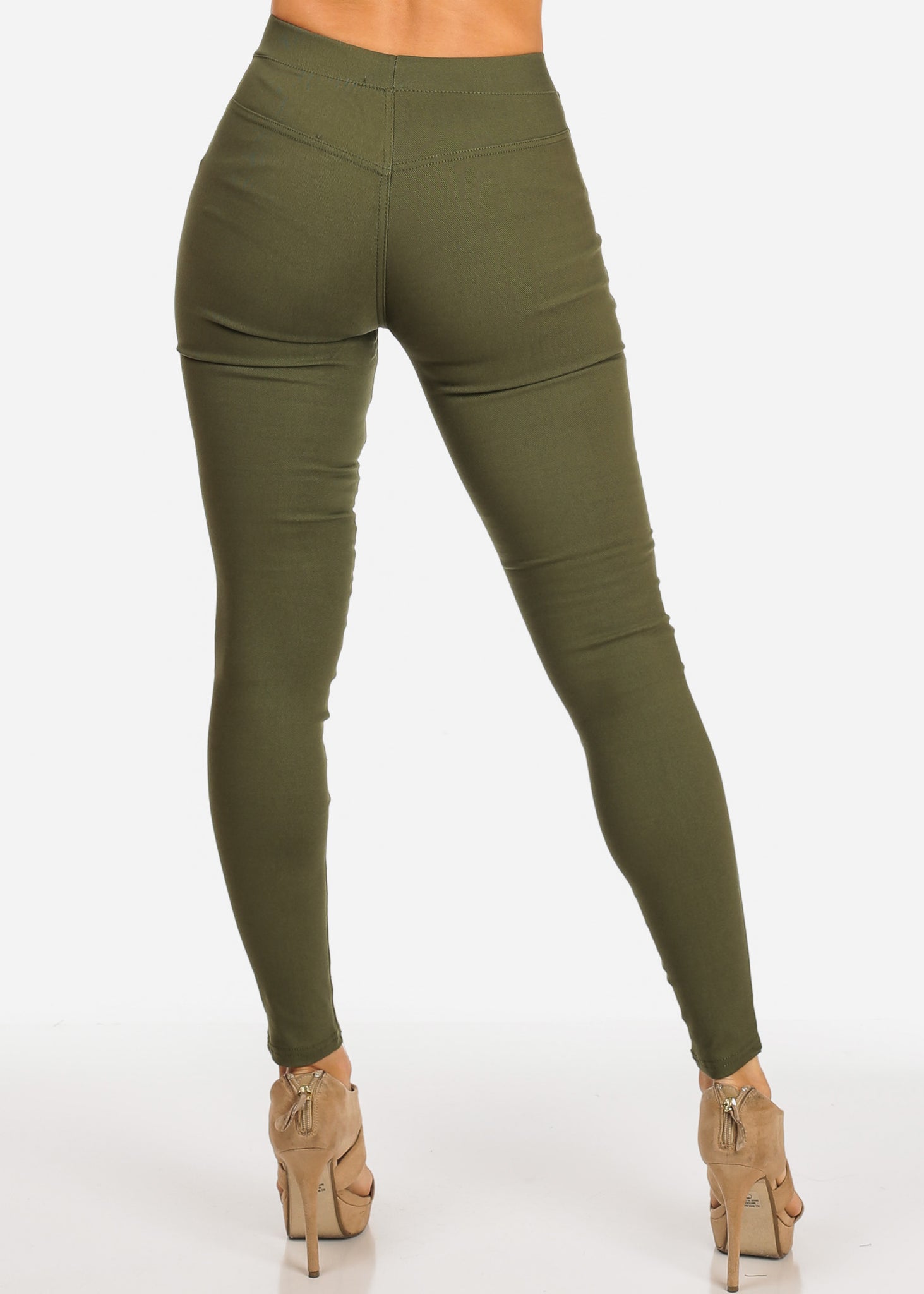 NEW Cotton Stretch Full Length Moto Leggings Wide Waistband- Olive